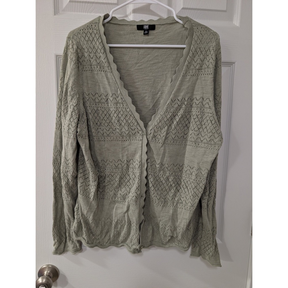 Frye,‎ Women's XL Pointelle Button Front Cardigan, 100% Cotton, Seagrass, Knit